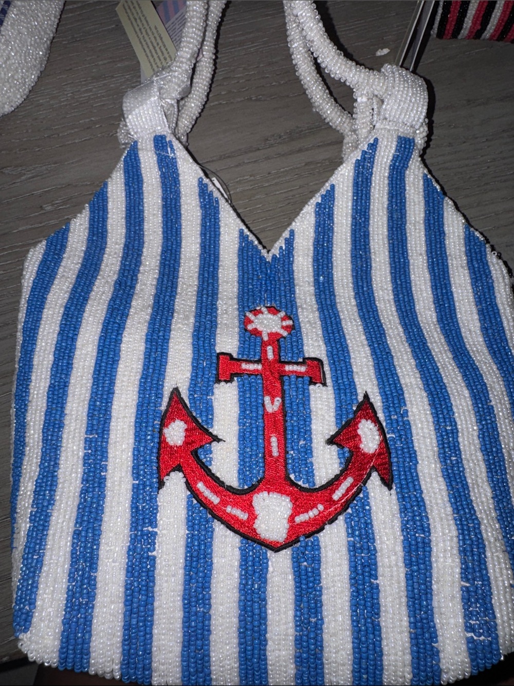 Blue & White Beaded Stripe Tote with Red Anchor Patch